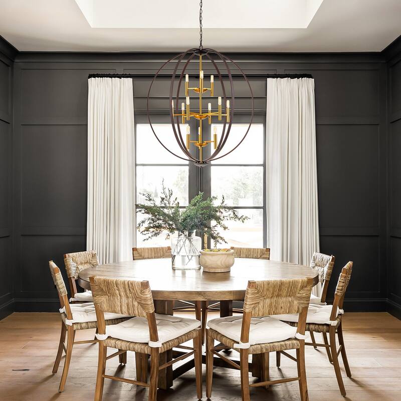12-Light Brown Aged Brass Mid-Century Modern 3-Tiered Oversized Chandelier with Candle Style - 35.4 in. W x 41.3 in. H