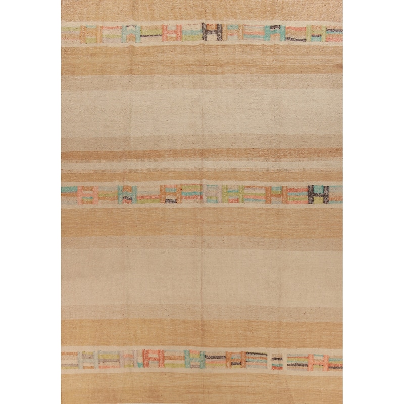 Hand Woven Oriental 100% Jute Carpet Modern Stripe Beige & Ivories Kilim Area Rug - 13' 11'' X 10' 3''
