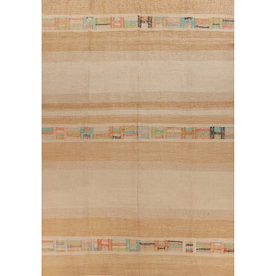 Hand Woven Oriental 100% Jute Carpet Modern Stripe Beige & Ivories Kilim Area Rug - 13' 11'' X 10' 3''