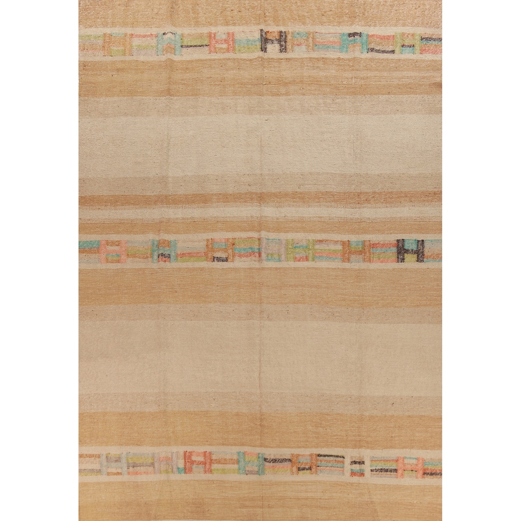Hand Woven Oriental 100% Jute Carpet Modern Stripe Beige & Ivories Kilim Area Rug - 13' 11'' X 10' 3''
