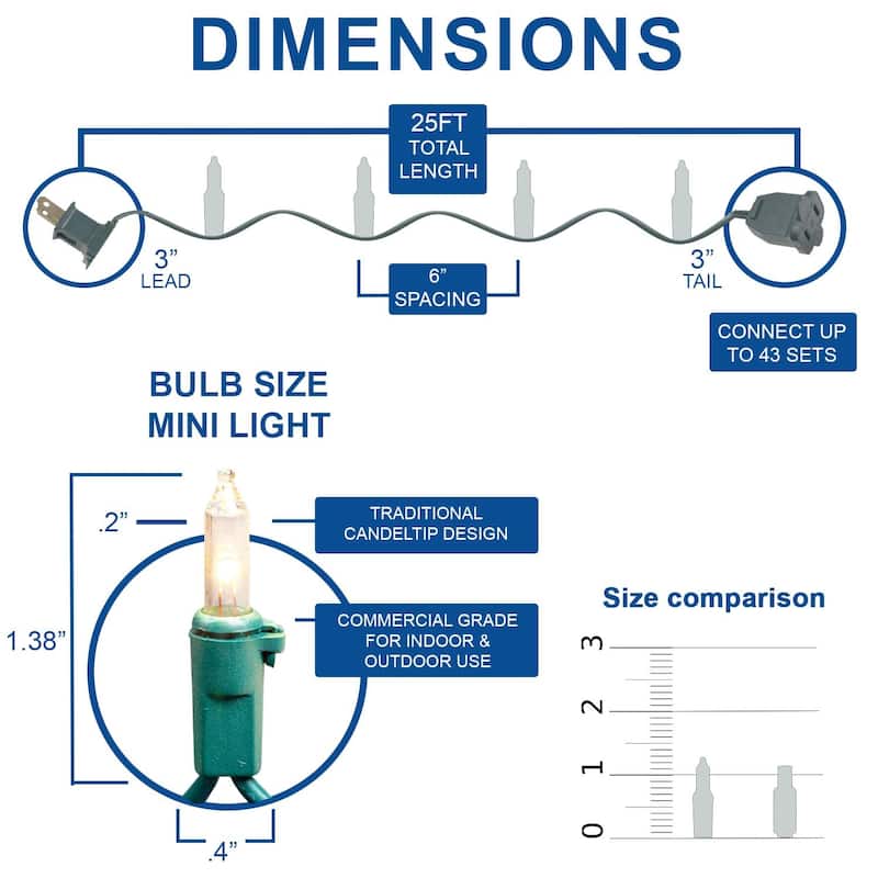50 Light Traditional LED Christmas Mini Light Set, Patio Lights, Ceramic Bulbs, Green Wire, 25’