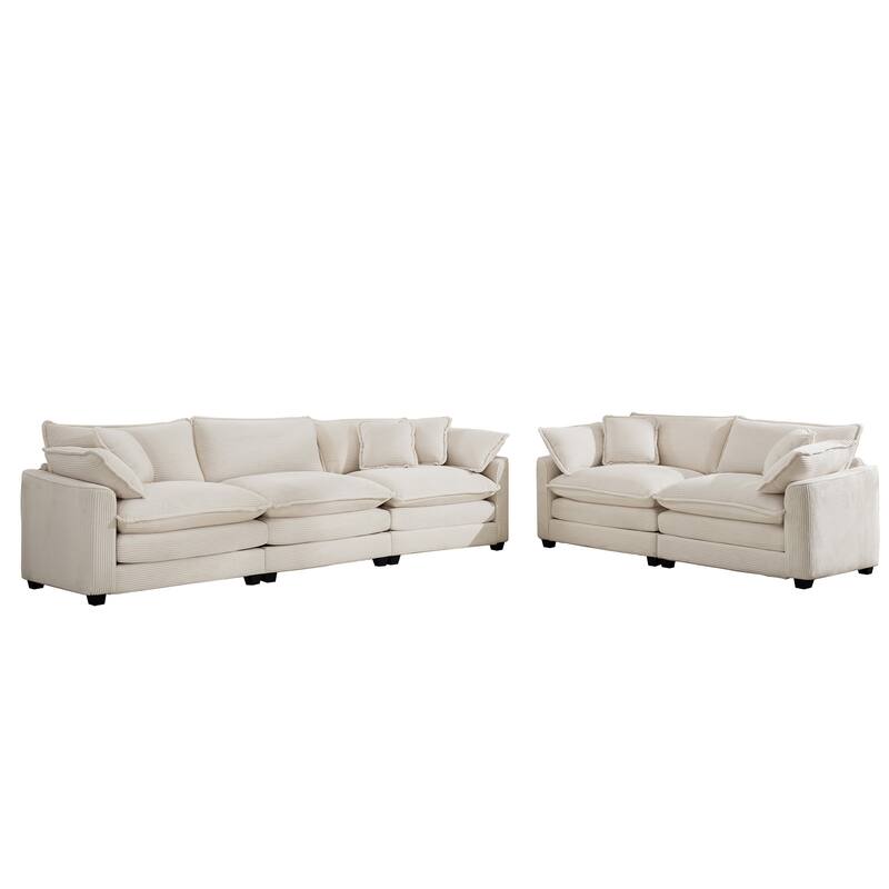 Corduroy Fabric Deep Seat Sofas Set with Throw Pillows, 3+2 Seater Flexible Combinations Sofa with Removable Armrests