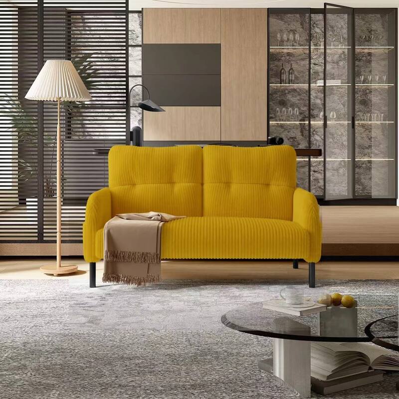 Corduroy Foam Upholstered Loveseat Couch Ergonomic Lounge Sofa with Side Pockets and Solid Wood Frame Soft 2 Seater Sofa - Yellow