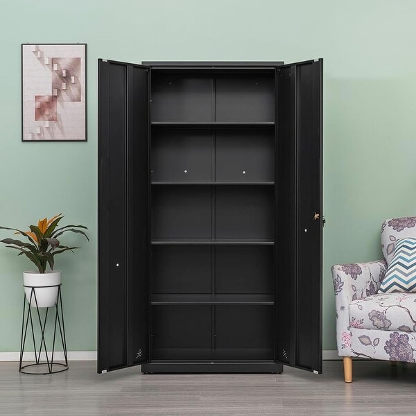 Metal Storage Cabinet Tall Locking Cabinet with 2 Doors Steel Garage Storage Cabinet Utility Cabinet with Adjustable Shelves Black