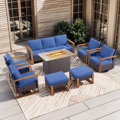 Pocassy 8 Pieces Outdoor Sofa Chair Ottoman with Fire Pit Table Set
