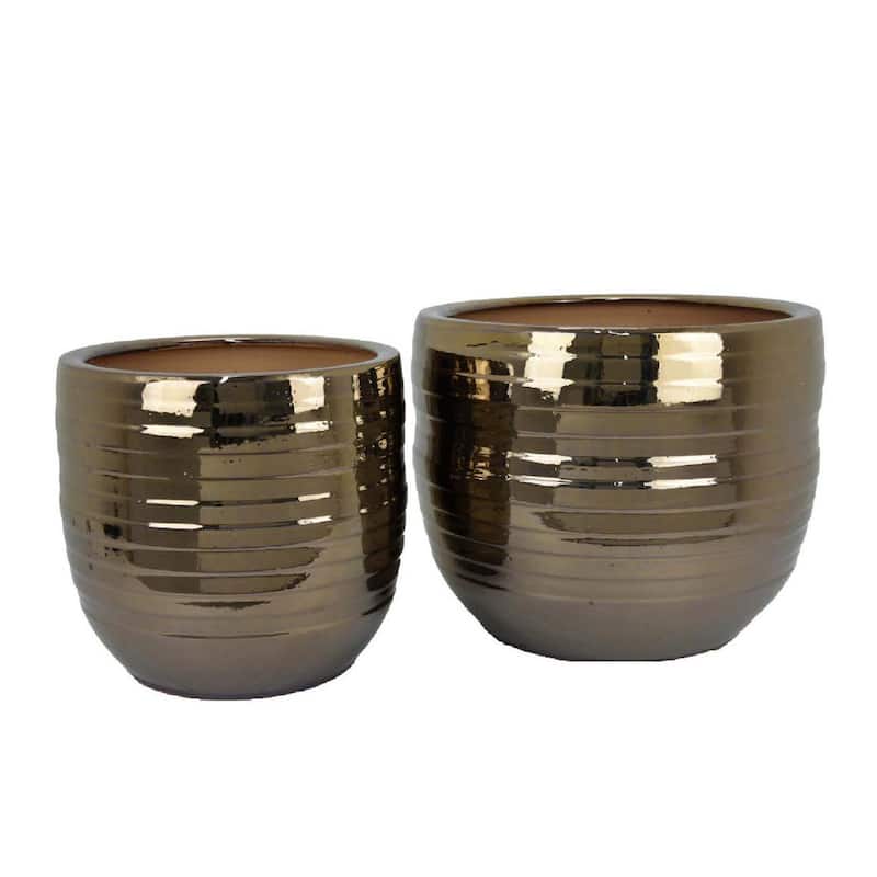 Paulo Barrel Planter Set of 2, Raised Ribbed Gold Ceramic 19, 15 Inch