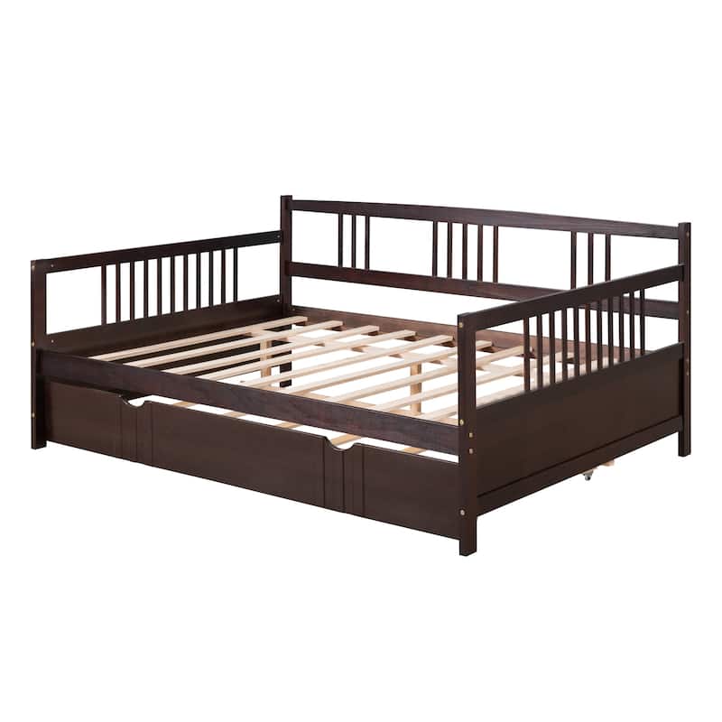Full Size Wooden Daybed Frame with Twin Trundle and Rails, Solid Pine Wood Bed Convertible Lounge Sleeper Sofa Bed