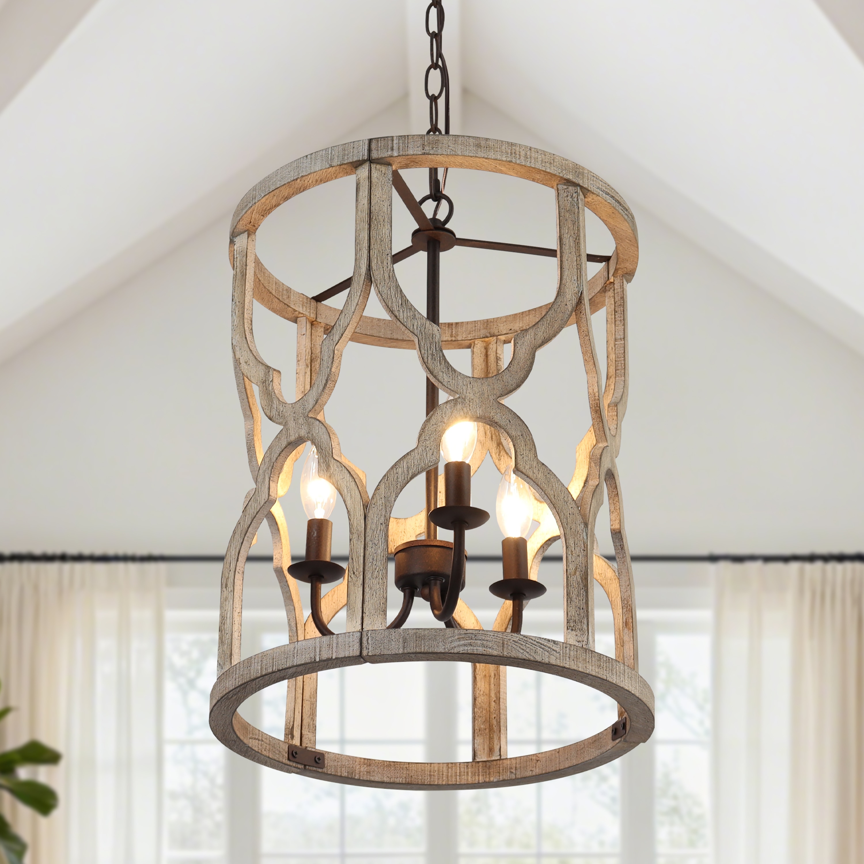 haluc❤ LALUZ Farmhouse 3-Light Wood Cage Lantern Chandelier Rustic