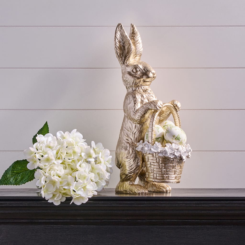 17" Resin Bunny With Floral Edged Basket