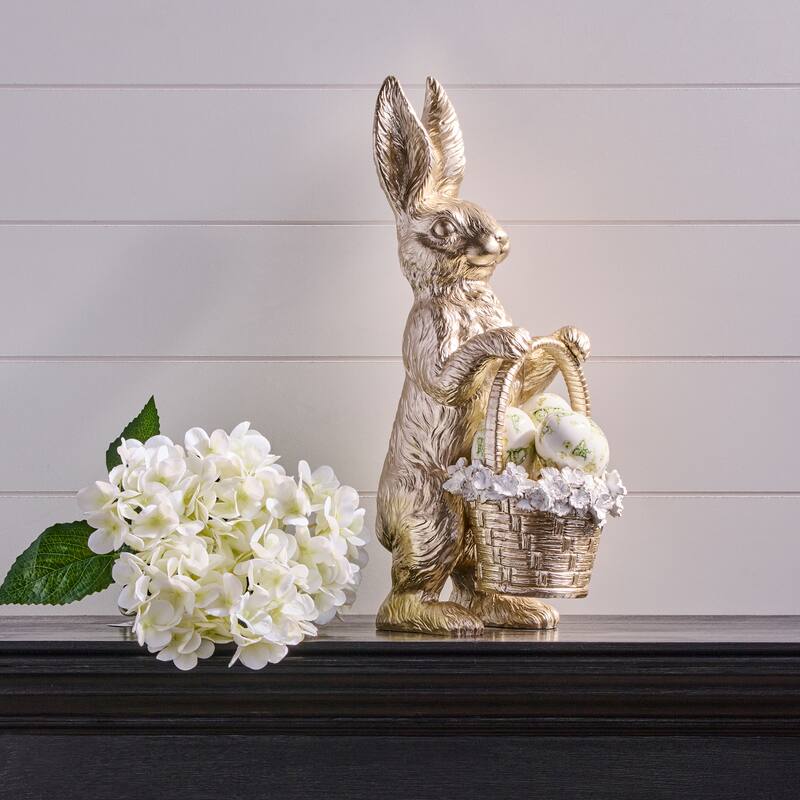 17" Resin Bunny With Floral Edged Basket