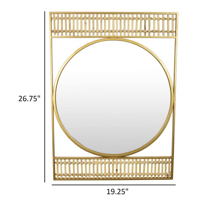 Zine Wall Mirror Decor, Round Glass, Woven Border, 19 x 27 Gold Metal