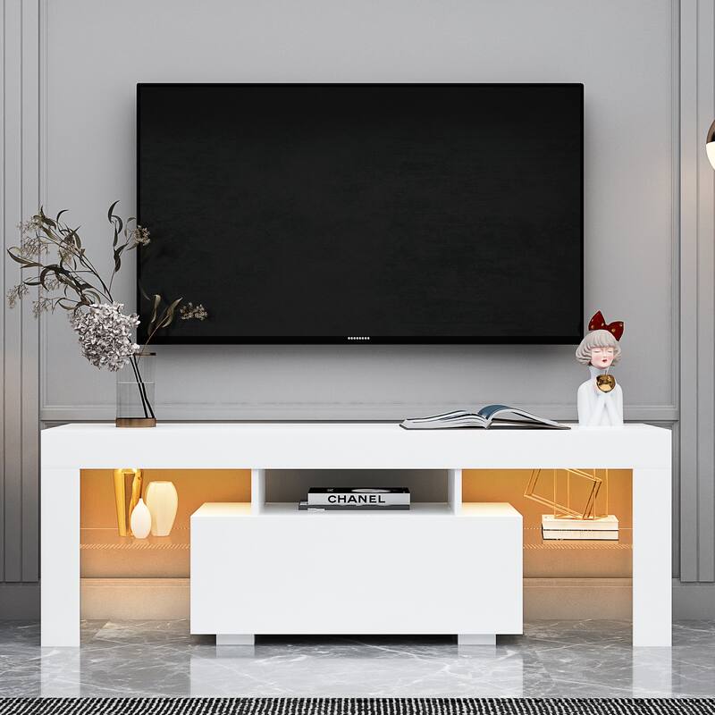 TV Stand with LED RGB Lights and 5 Shelves for Gaming Consoles and Flat Screen TVs - White