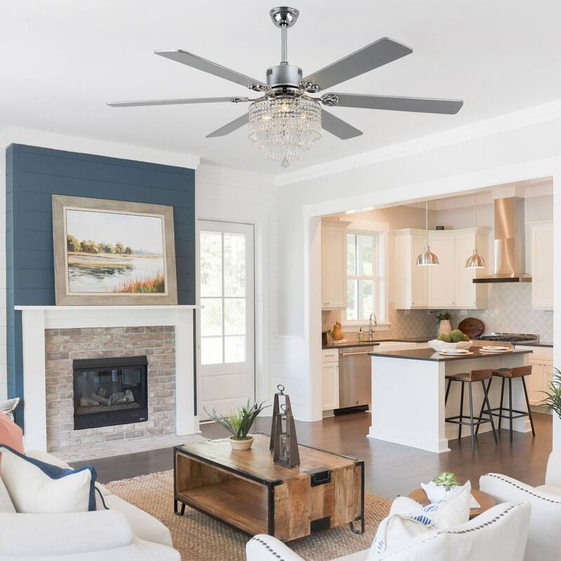 CurveCurio 65" Lagre Ceiling Fan w Crystal Light Shade and Wood Blades, Quiet DC Motor w Remote For Large Room - 65" * 65" * 26"