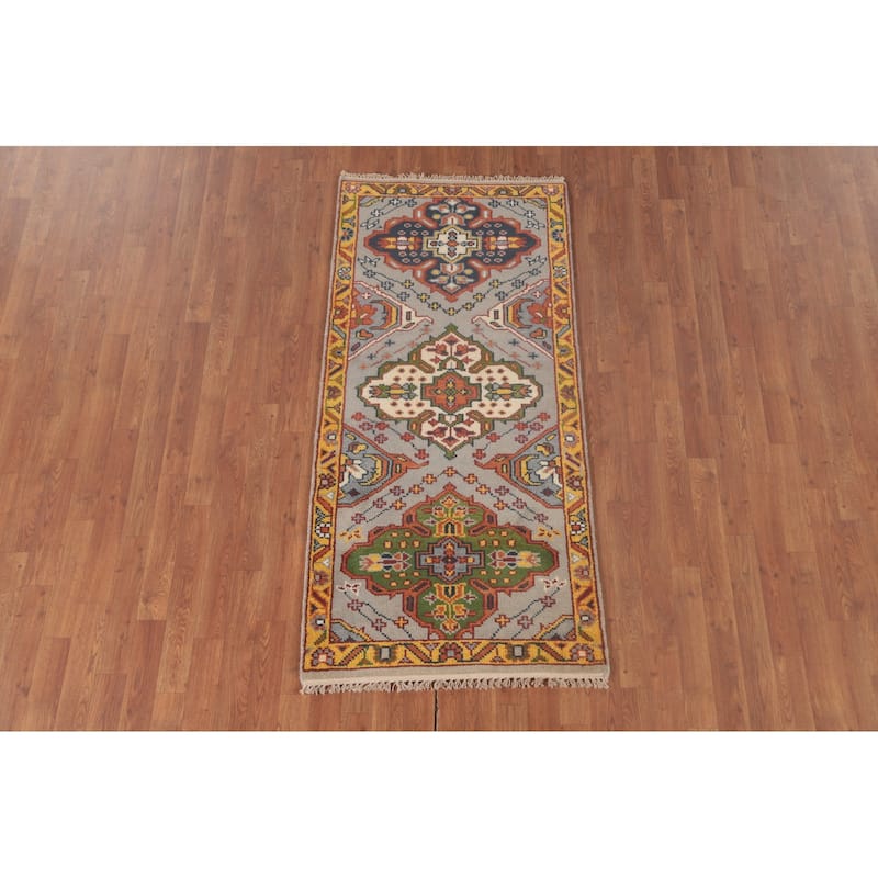 Gray Geometric Kazak Accent Rug Hand-Knotted Wool Carpet - 2'8"x 5'8"
