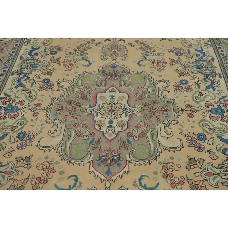 Hand Knotted Oriental 100% Wool Carpet Traditional Floral Beige & Ivories Tabriz Area Rug - 9' 5'' X 6' 5''
