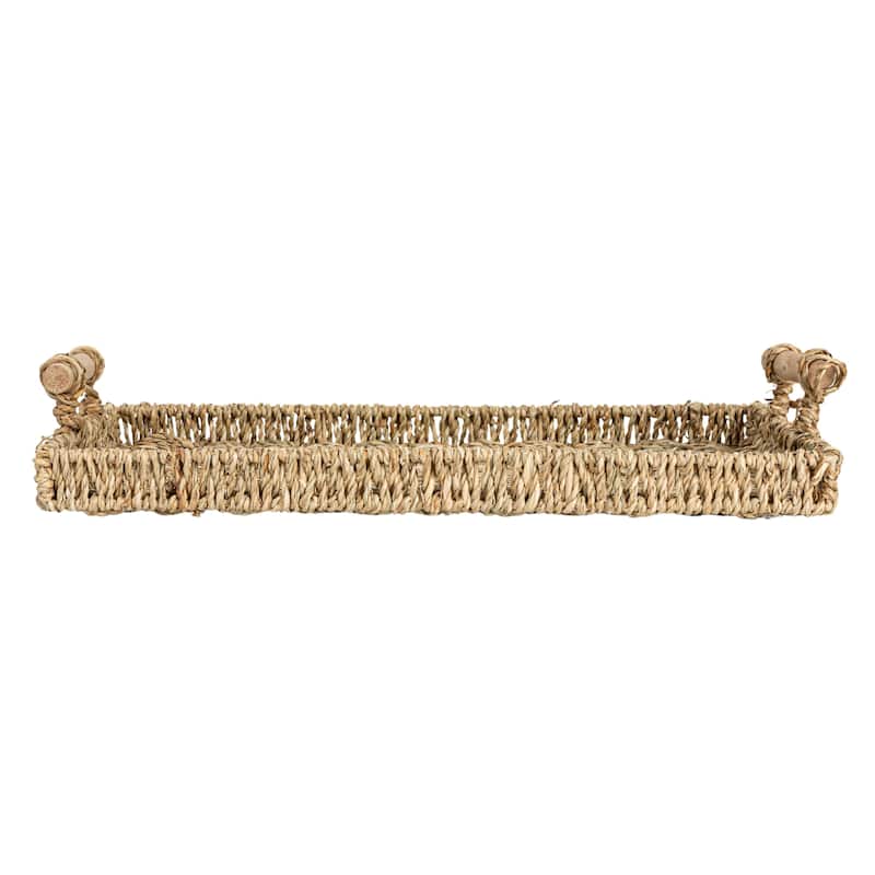 Household Essentials Handwoven Seagrass Tray Set with Wood Handles, Set of 2 - 15.7"L x 9.8"W x 3.1"H