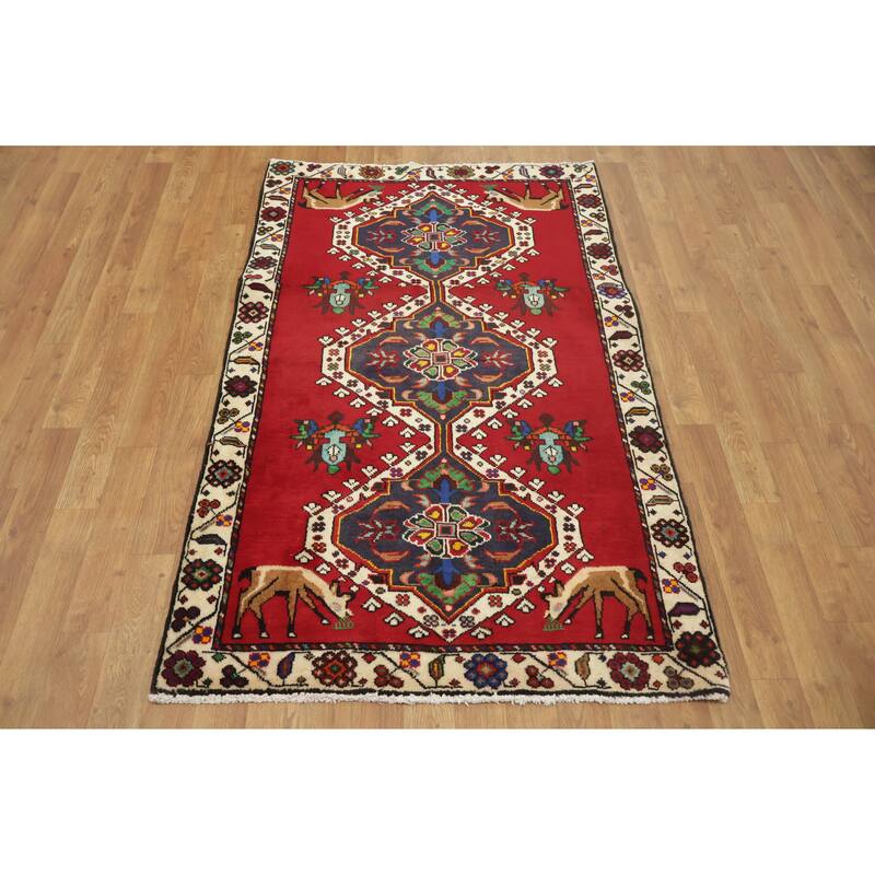 Hand Knotted Oriental 100% Wool Carpet Traditional Geometric Red Shiraz Area Rug - 5' 0'' X 3' 1''
