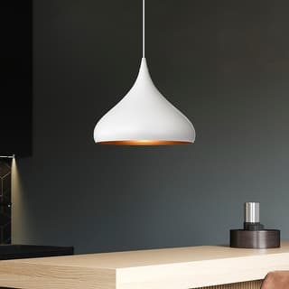1-Light 12 in. White Single Pendant with Teardrop Metal Shade