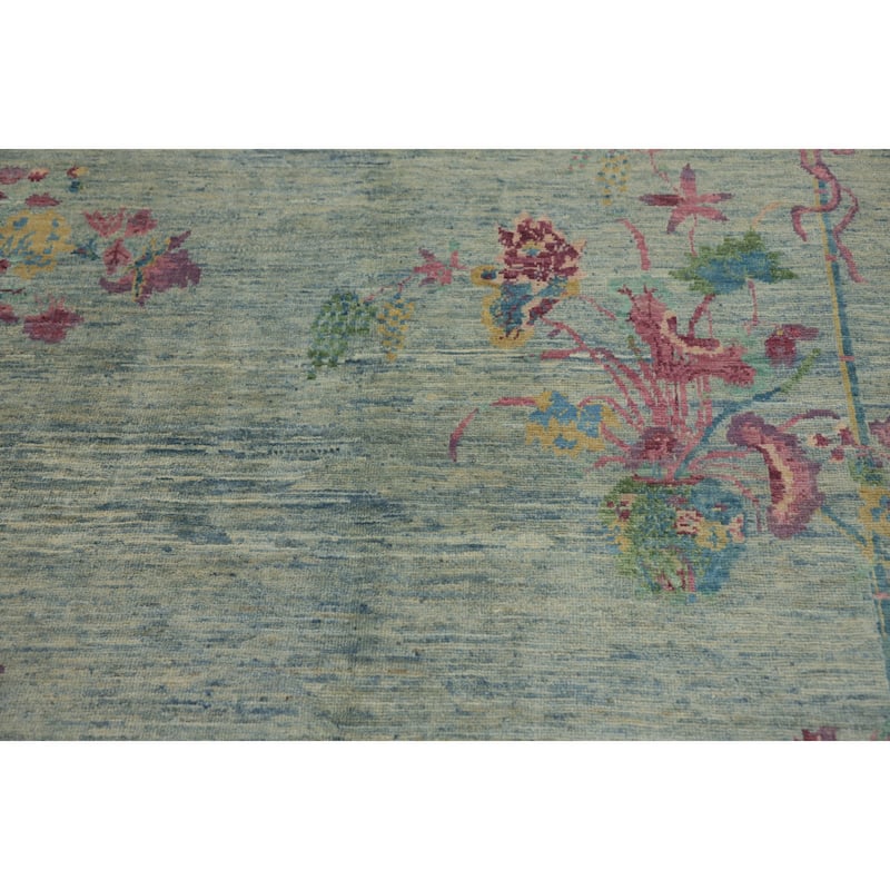Hand Knotted Oriental 100% Wool Carpet Traditional Floral Navy Blue & Blues Ziegler Runner Rug - 14' 8'' X 4' 10''