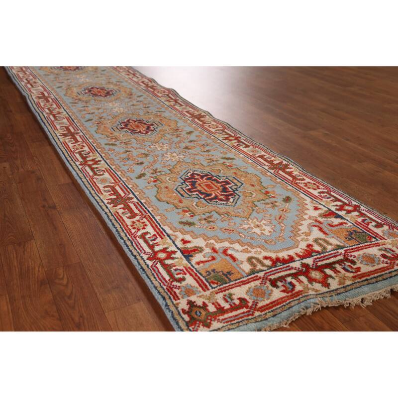 Light Blue Heriz Serapi Style Runner Rug Handmade Wool Carpet - 2'5" x 10'3" - Blue - 2'5" x 10'3"