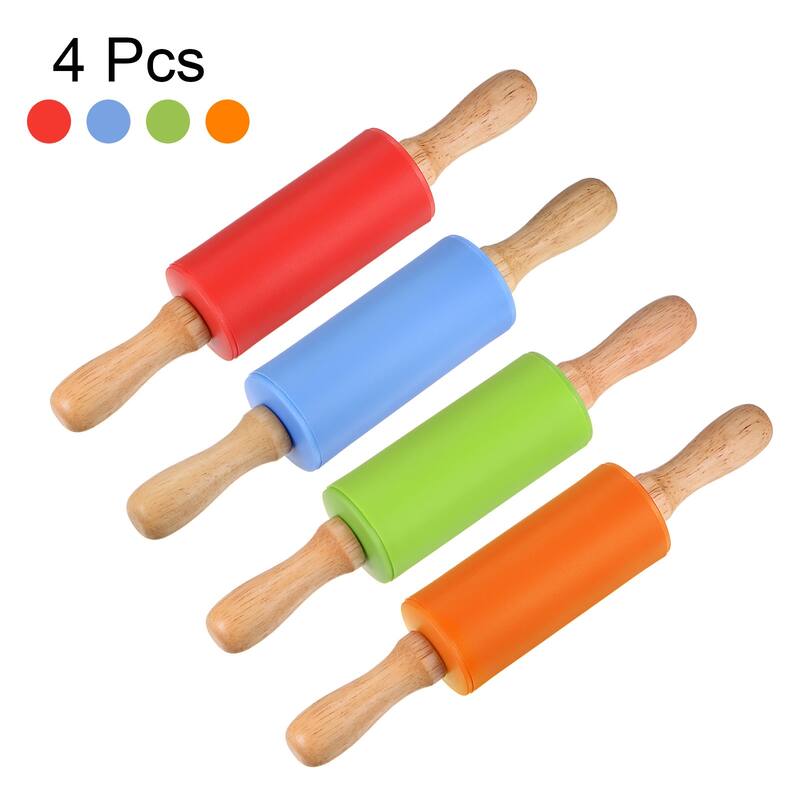 Silicone Rolling Pins for Baking Wood Handle 23.5cm x 4.2cm 4 Colors - Green & Orange & Blue & Red