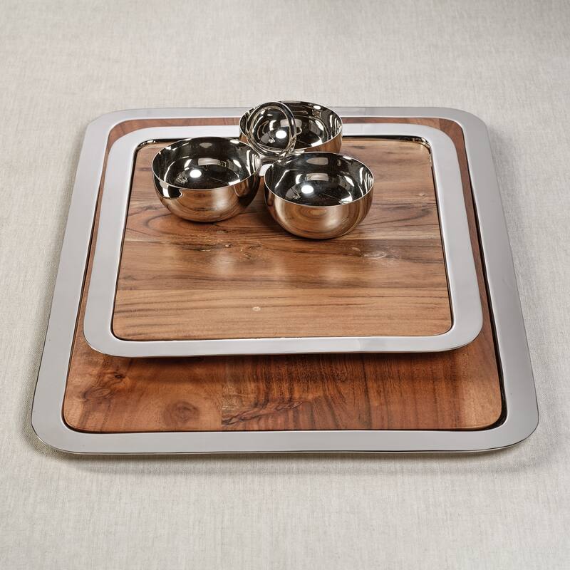 Benouville Acacia Wood Prep & Serving Board with Steel Tray