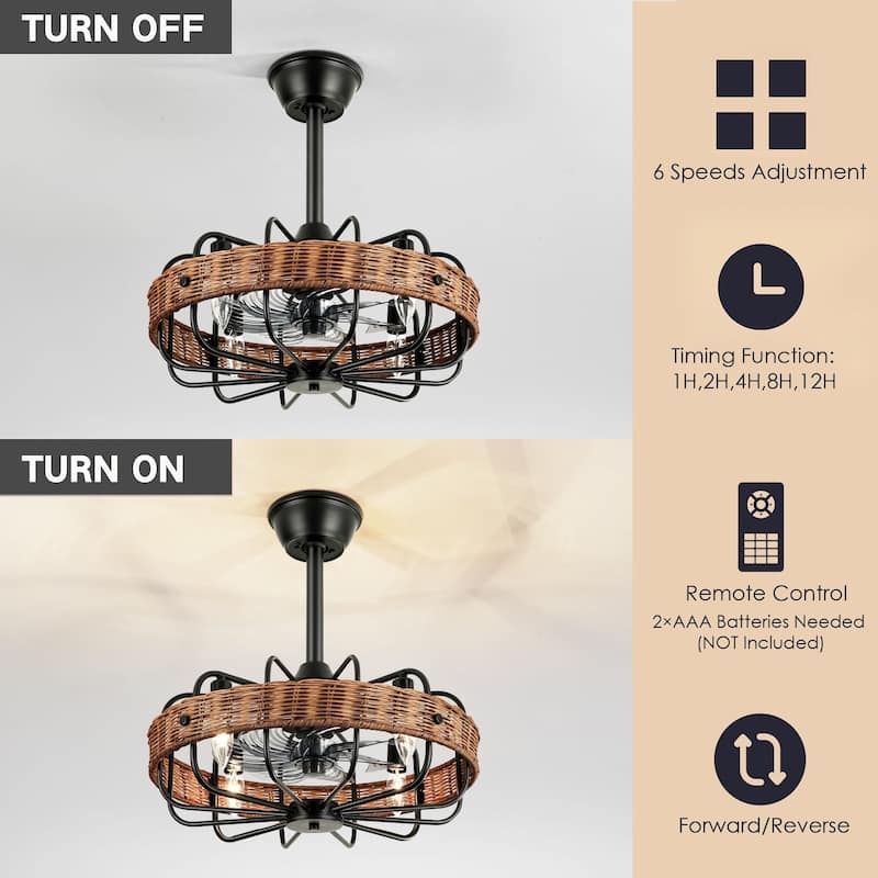 4-Light Farmhouse Modern Brown Drum Ceiling Fan Lighting with Woven Rattan Accent - 18.5 in. W x 5.7 in. H