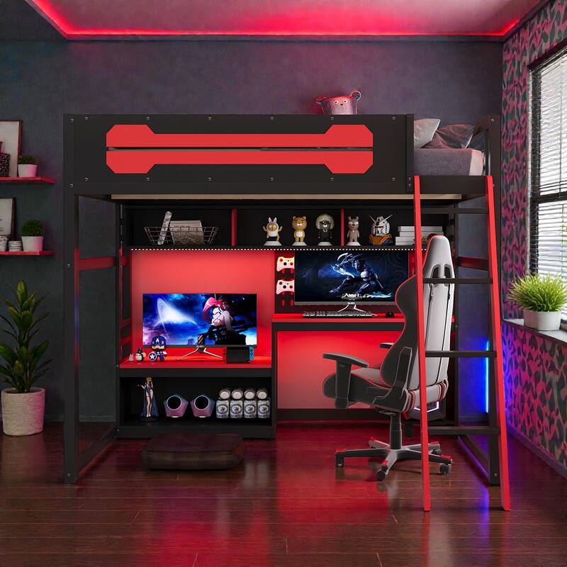 Full Size Wood Loft Bed with Desk, Shelves, LED Lights, USB Ports, Pegboard & Space-Saving Storage Design