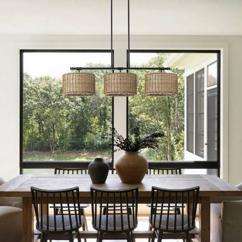 3-Light Modern Farmhouse Black Linear Drum Handwoven Rattan Pendant Light for Kitchen Island