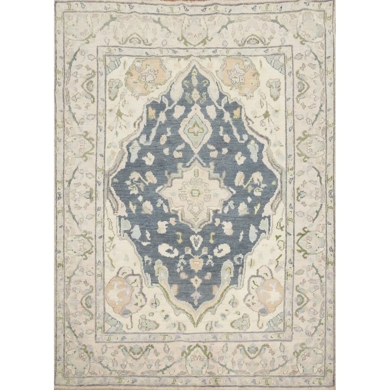 Hand Knotted Oriental 100% Wool Carpet Transitional Geometric Greys & Charcoal Oushak Area Rug - 6' 6'' X 5' 3''