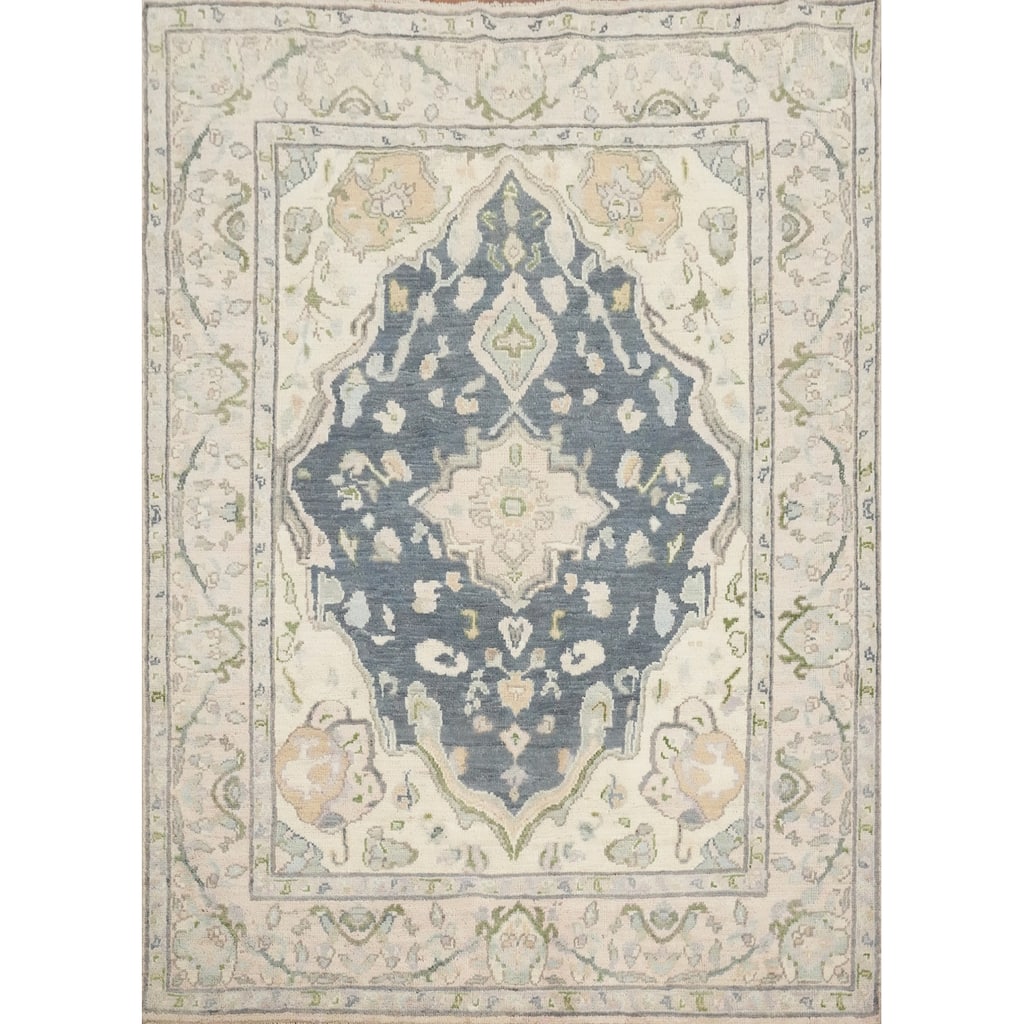 Hand Knotted Oriental 100% Wool Carpet Transitional Geometric Greys & Charcoal Oushak Area Rug - 6' 6'' X 5' 3''