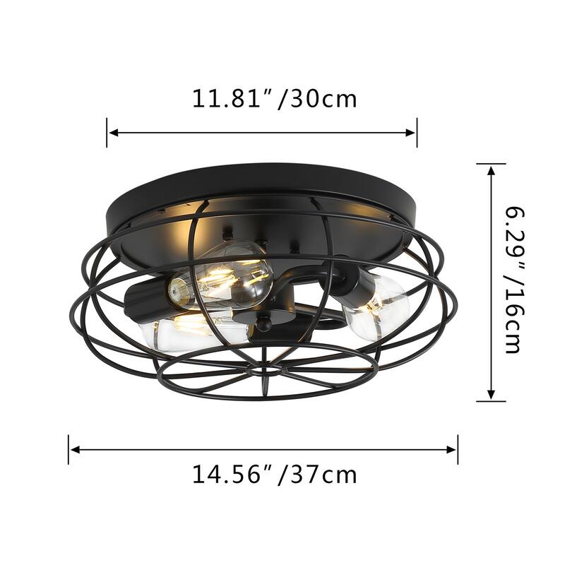 Industrial Black 3-Light Caged Shape Flush Mount Lamp