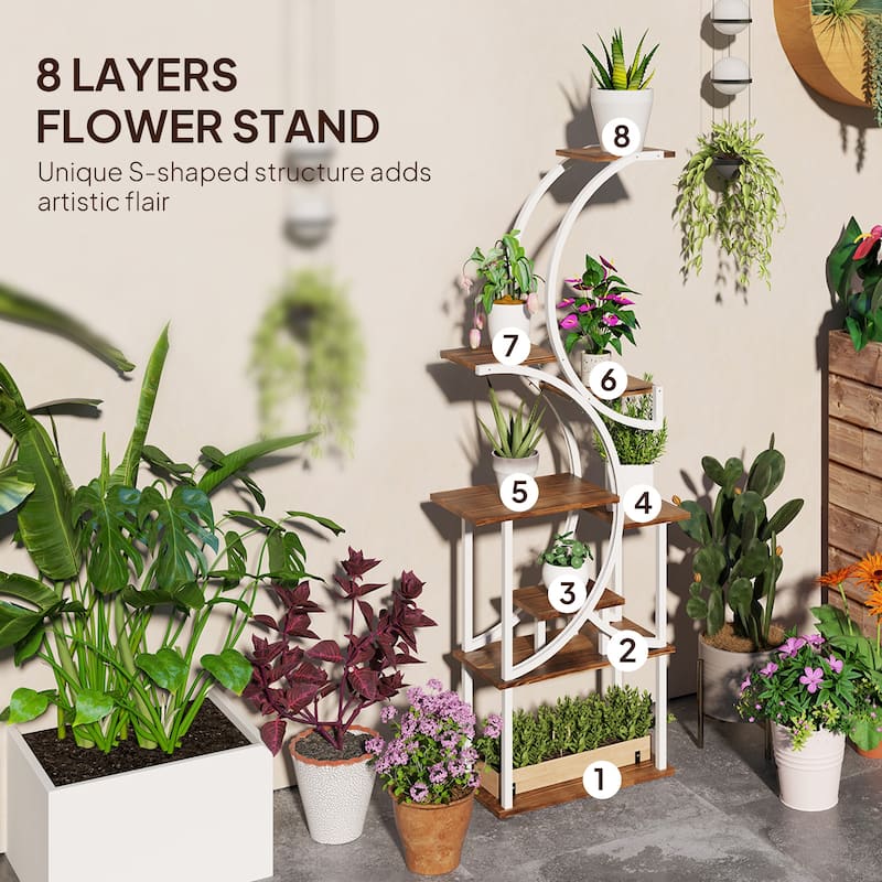Eight-Tier Corner Plant Stand with S-Shaped Steel Frame and Fir Wood Shelves for Home Decor - 24.4" W x 10.2" D x 61.8" H