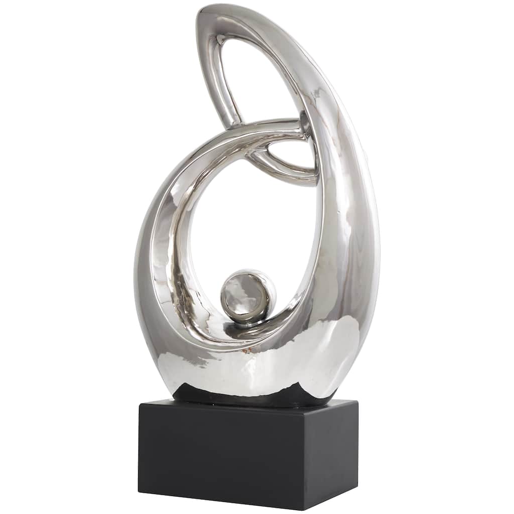 Ceramic Abstract Looped Decorative Sculpture with Black Block Base - Silver - Roche River Decor