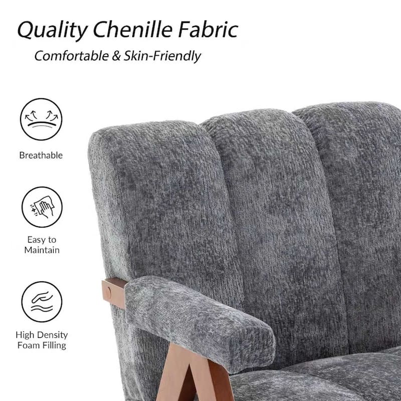 Mid Century Modern Accent Chair, Chenille Armchair with Solid Wood Legs, Channel Tufted Comfy Reading Chair for Living Room