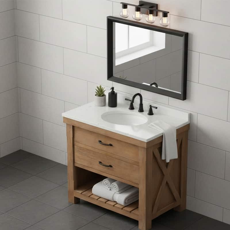 Deluxe natural finish vanity with 30 mm white marble top