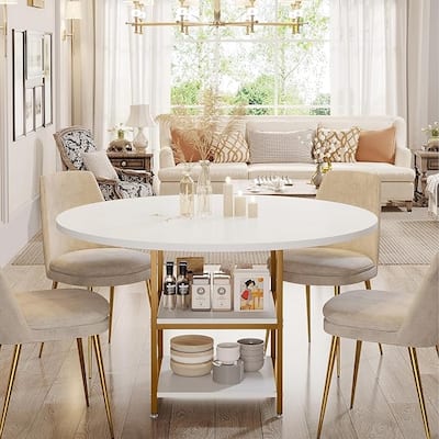 Dining Table with Storage Shelves for 4 People, Rustic Color Contrast Kitchen Table