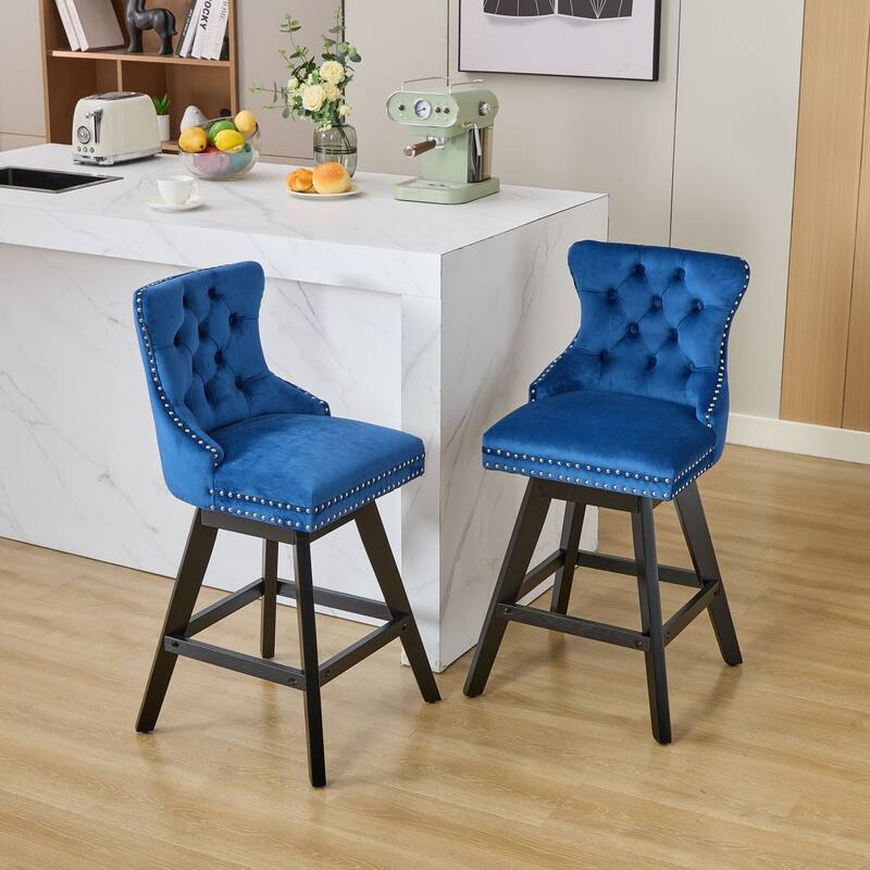 Swivel Bar Stools Set of 2, Velvet Counter Height Barstools with Wooden Legs, Kitchen Island Chairs with Button Backrest