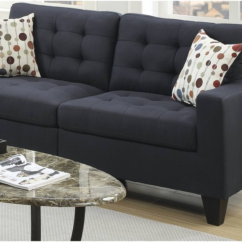 2pc Sofa Set Black Polyfiber Tufted Sofa Loveseat w Pillows Cushion Solid Pine