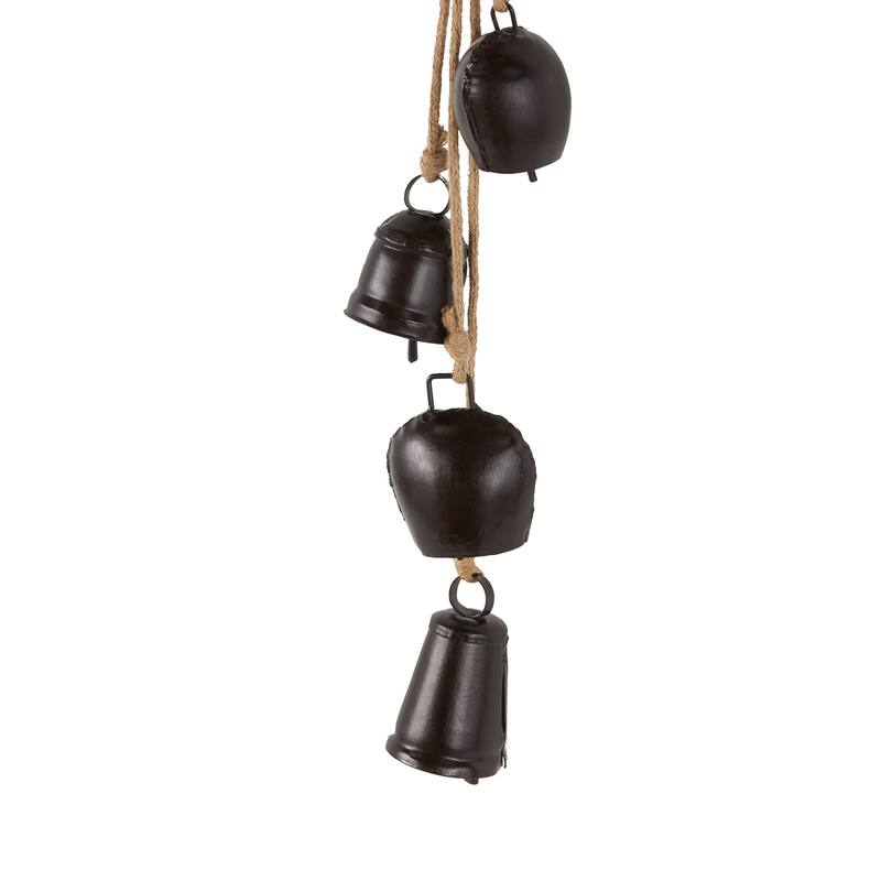 Gold, White or Black Metal Tibetan Inspired Cascading Indoor Outdoor Decorative Cow Bells with 5 Bells on Jute Hanging Rope