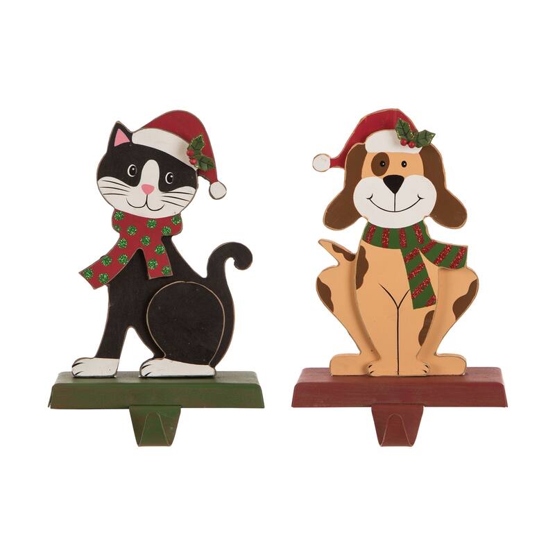 Glitzhome 7.75" H Christmas Wooden/Metal Animal Stocking Holder, Dog, Cat for Mantel Ornament - 7.50"h