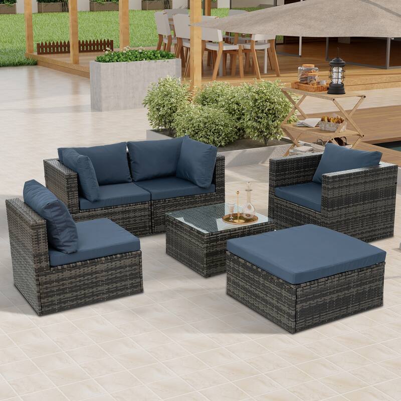 6-Piece Wicker Patio Conversation Set with Dark Blue Cushions