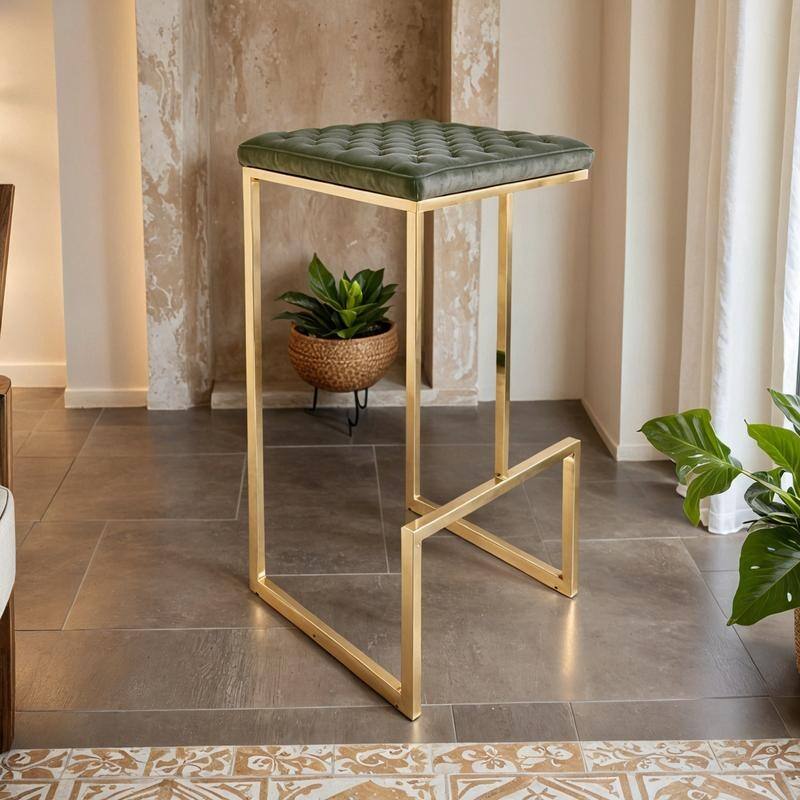 Quincy Modern Leather Barstool with Upholstered Square Seats in Gold Metal & Footrest for Home Bar & Kitchen Counter