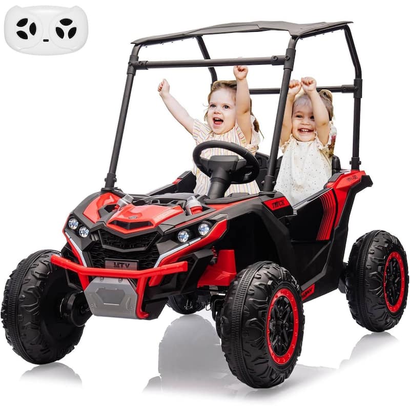 2 Seater Kids Ride on Car Off-Road UTV Toy with Sun Shade, Black - Red