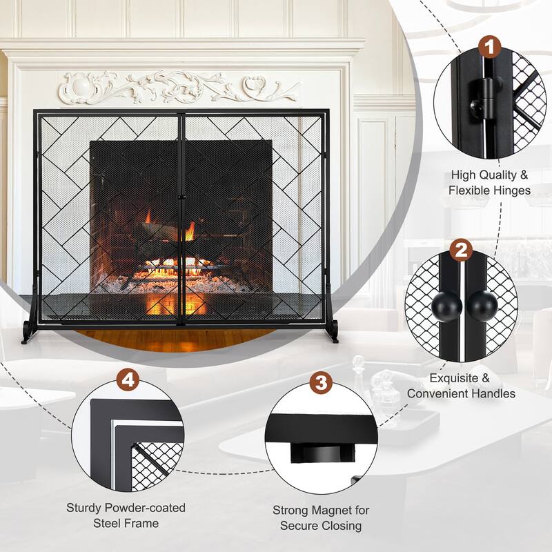 Costway 2-Panel Fireplace Screen w/ Double Door Fire Spark Guard - See Details