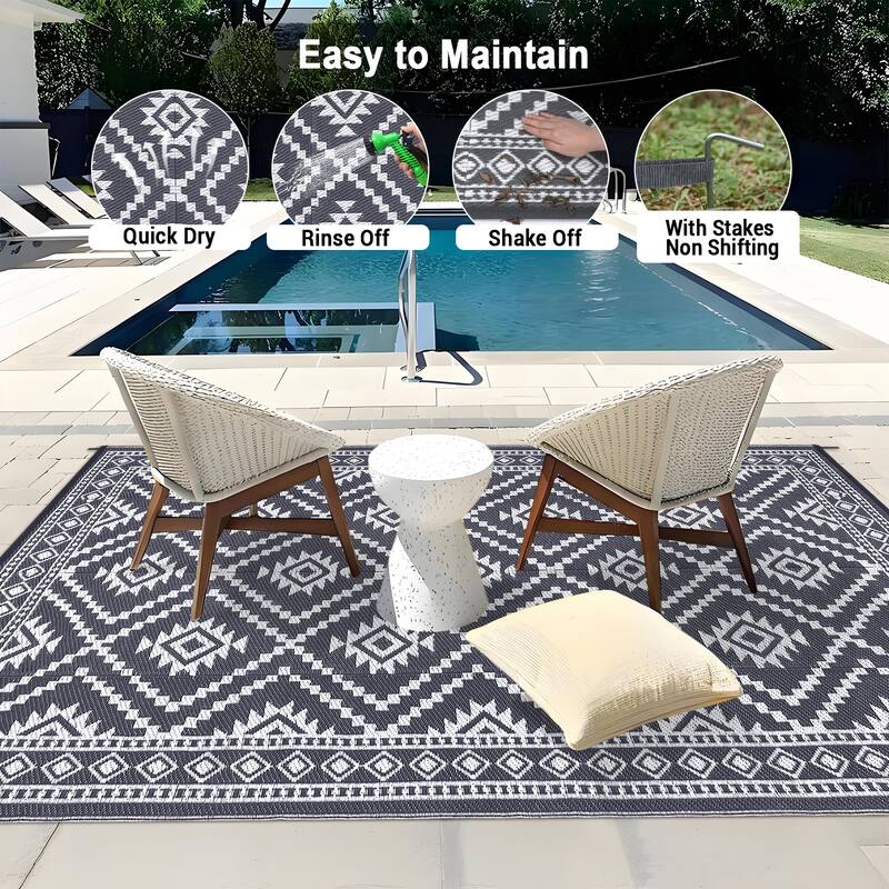 Outdoor Rugs Reversible Geometric Boho Plastic Straw Rug for Patio Camping Beach Deck Picnic Backyard