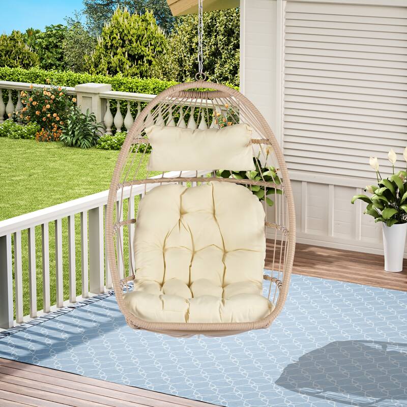 Handwoven Rattan Swing Chair Basket Chair Hammock Chair, Outdoor Hanging Egg Chair with Waterproof Cushion