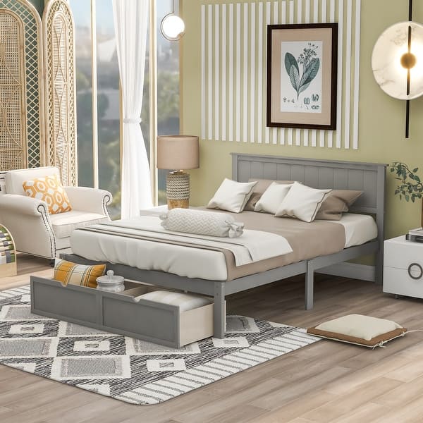 slide 2 of 36, Wood Platform Bed with Under-Bed Drawer Gray - Full