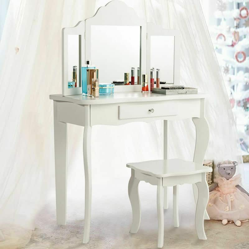 Kids Makeup Dressing Mirror Vanity Table Stool Set - 27.5" x 13.5" x 41" (L x W x H)