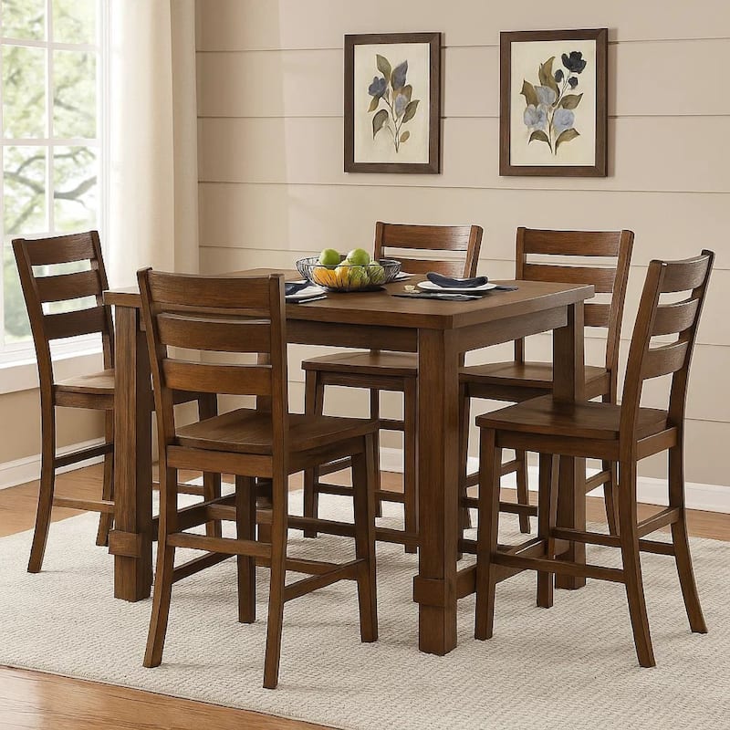 Rustic Plank Wooden Counter Height Table with Block Legs, Oak Brown